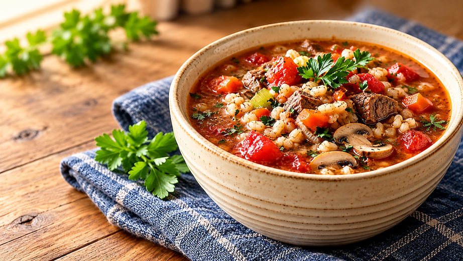 A bowl of hearty beef and barley soup with tomatoes, carrots, celery and mushrooms, garnished with parsley on a blue checkered cloth.