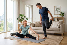 healthy adults stretching practicing yoga in their living room
