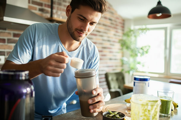 Man adds powder to a shaker bottle beside green smoothies and supplements on a kitchen counter in a bright, sunlit room.