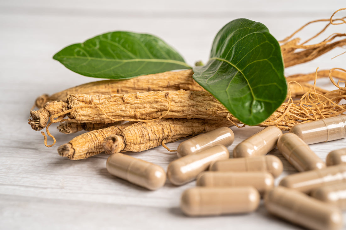Ashwagandha Root, leaf, and pill 