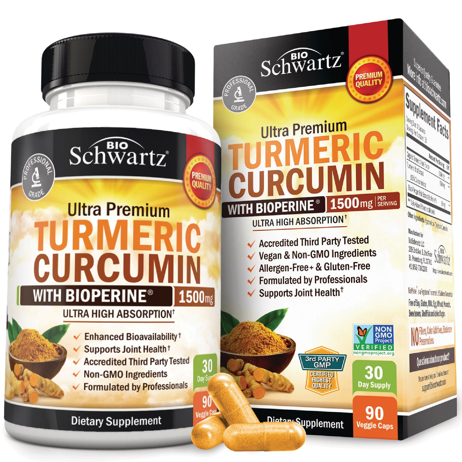 BSZ029 | BioSchwartz Ultra Premium Turmeric Curcumin bottle and box with three capsules in front