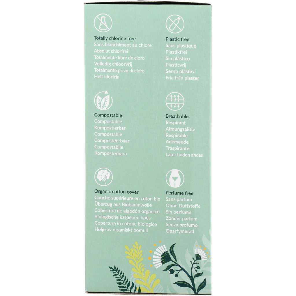 NCR012 | Back of mint-green product box with icons and multilingual text listing compostable, plastic free, breathable, organic cotton cover, perfume free - Thumbnail