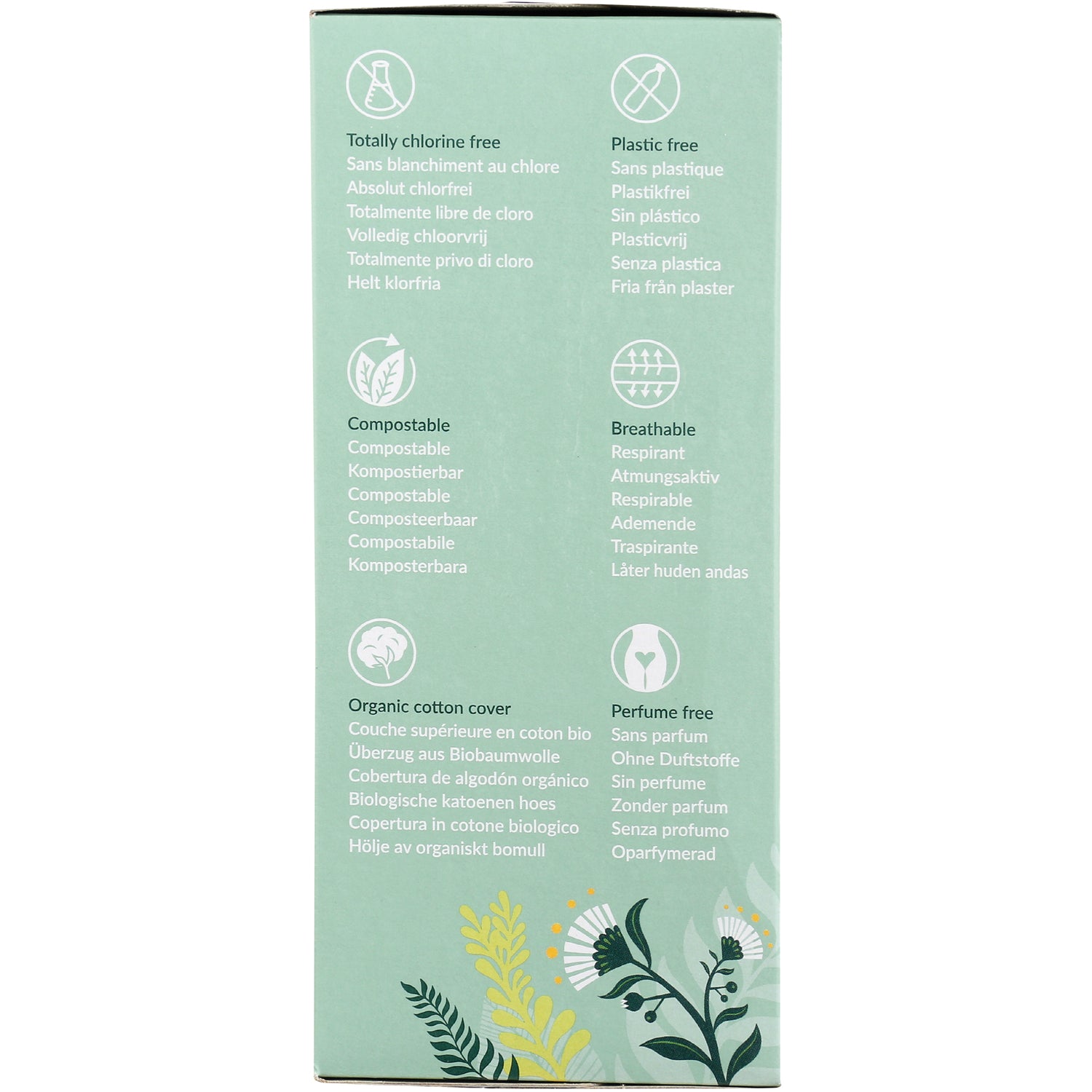 NCR012 | Back of mint-green product box with icons and multilingual text listing compostable, plastic free, breathable, organic cotton cover, perfume free