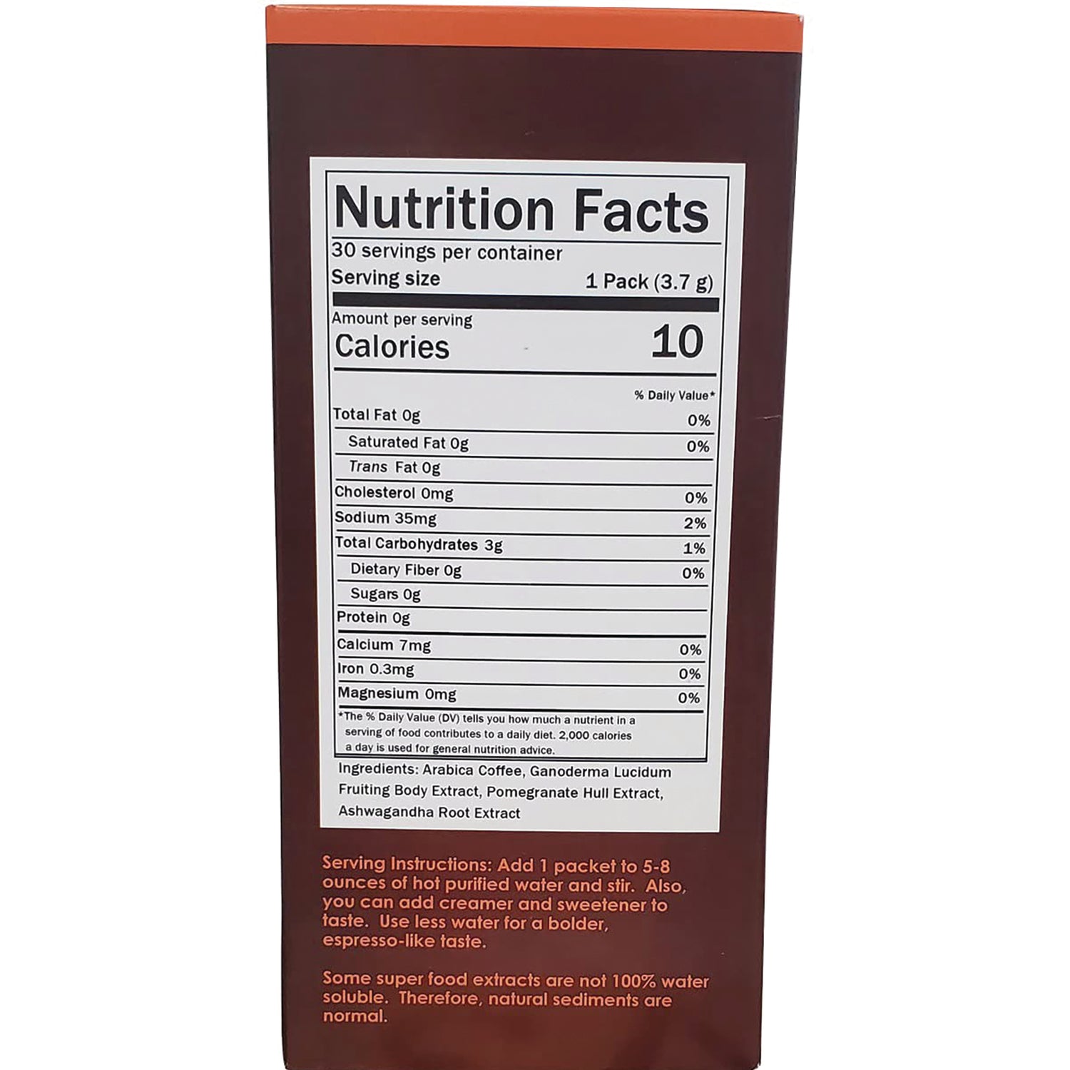 NVC002 | Nutrition Facts panel showing 10 calories, ingredients list and serving instructions on back of coffee supplement box
