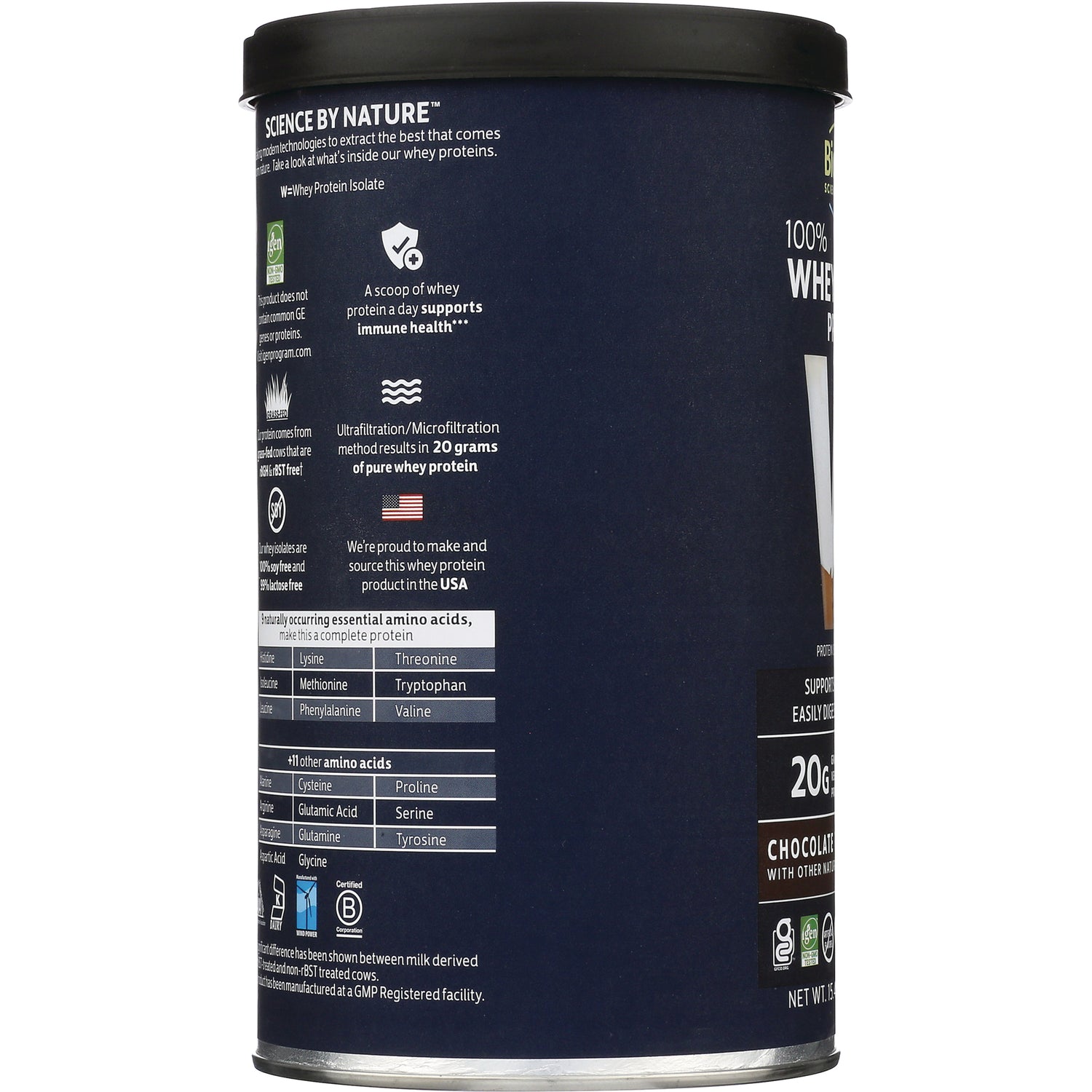 CRL366 | product back panel infographic showing amino acid table, protein facts, 20 grams per serving and sourcing claims