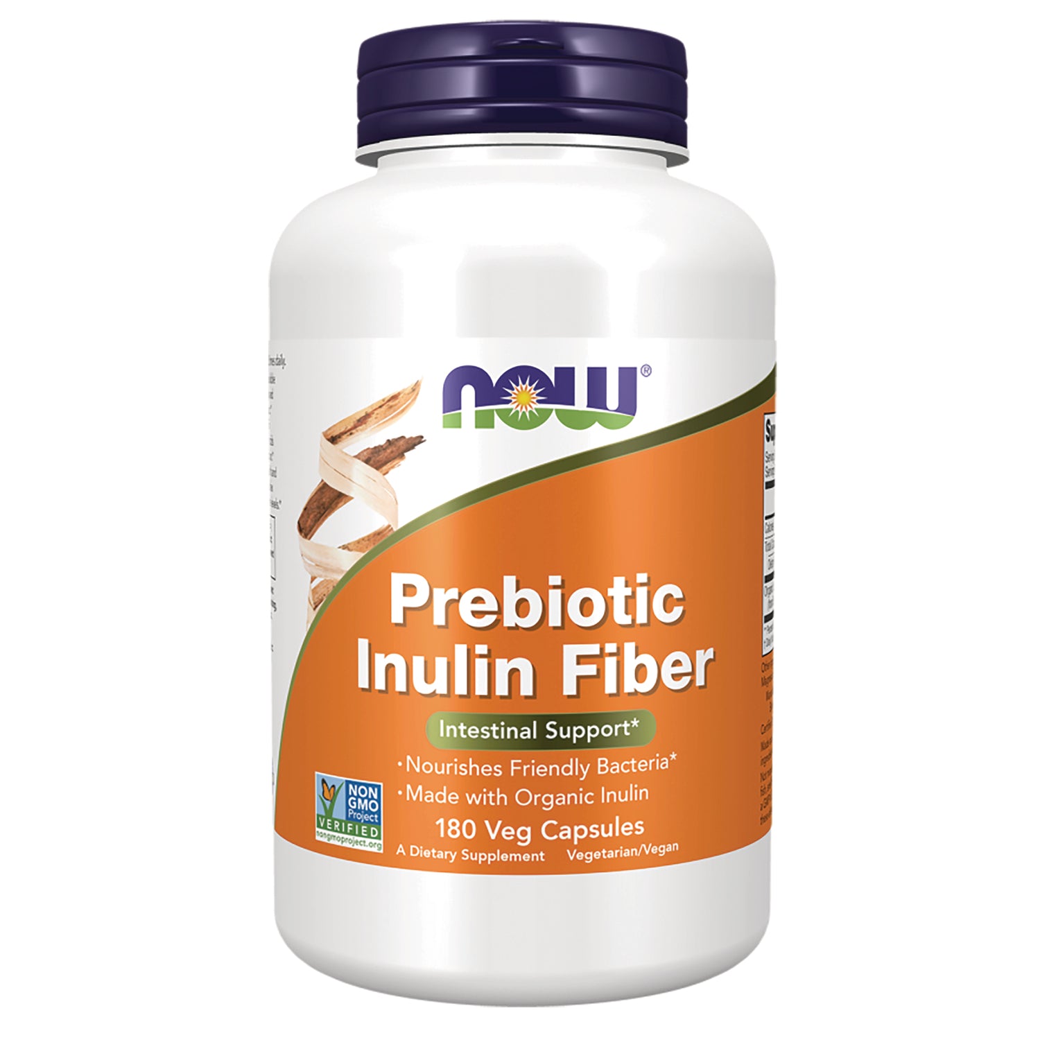 NWF1396 | NOW Prebiotic Inulin Fiber supplement bottle with orange label, 180 veg capsules