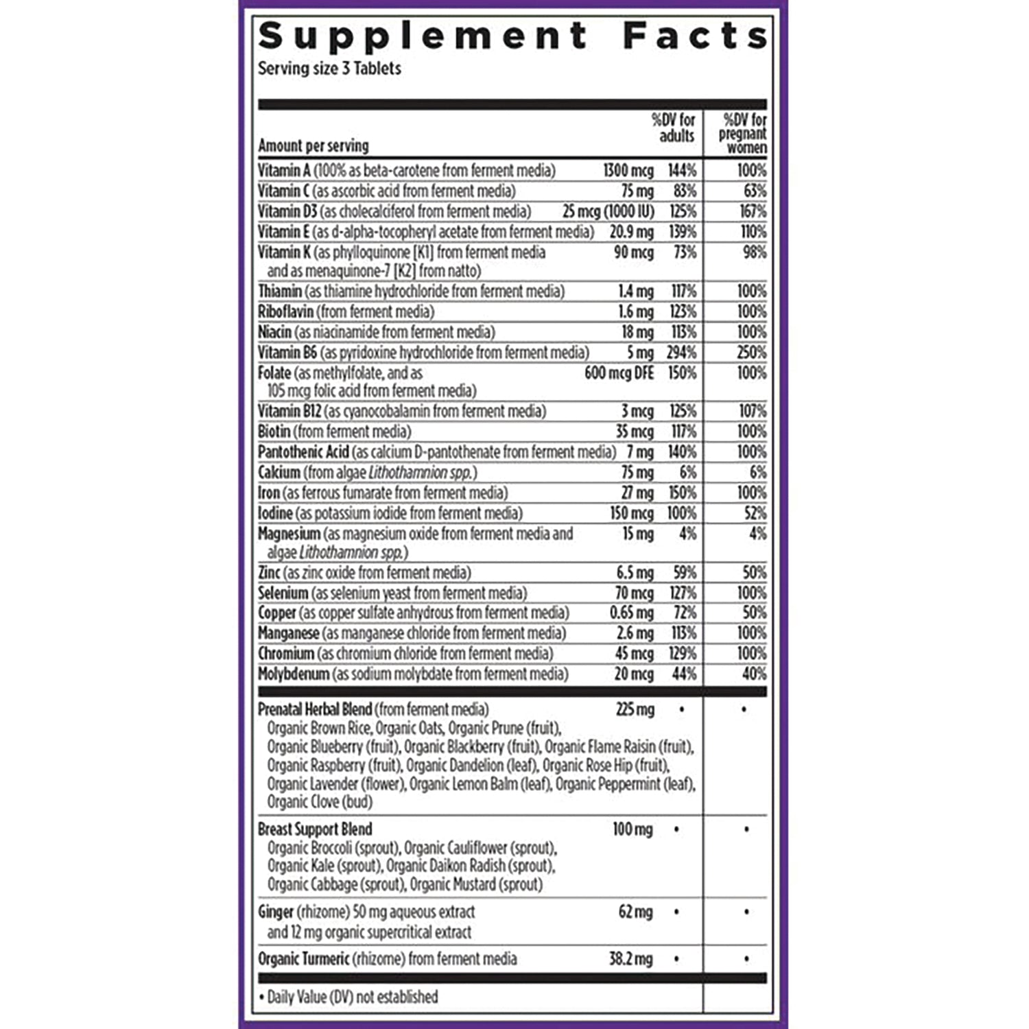 NWC185 | Supplement Facts panel and ingredient list for prenatal vitamins listing vitamins, minerals, and herbal blends