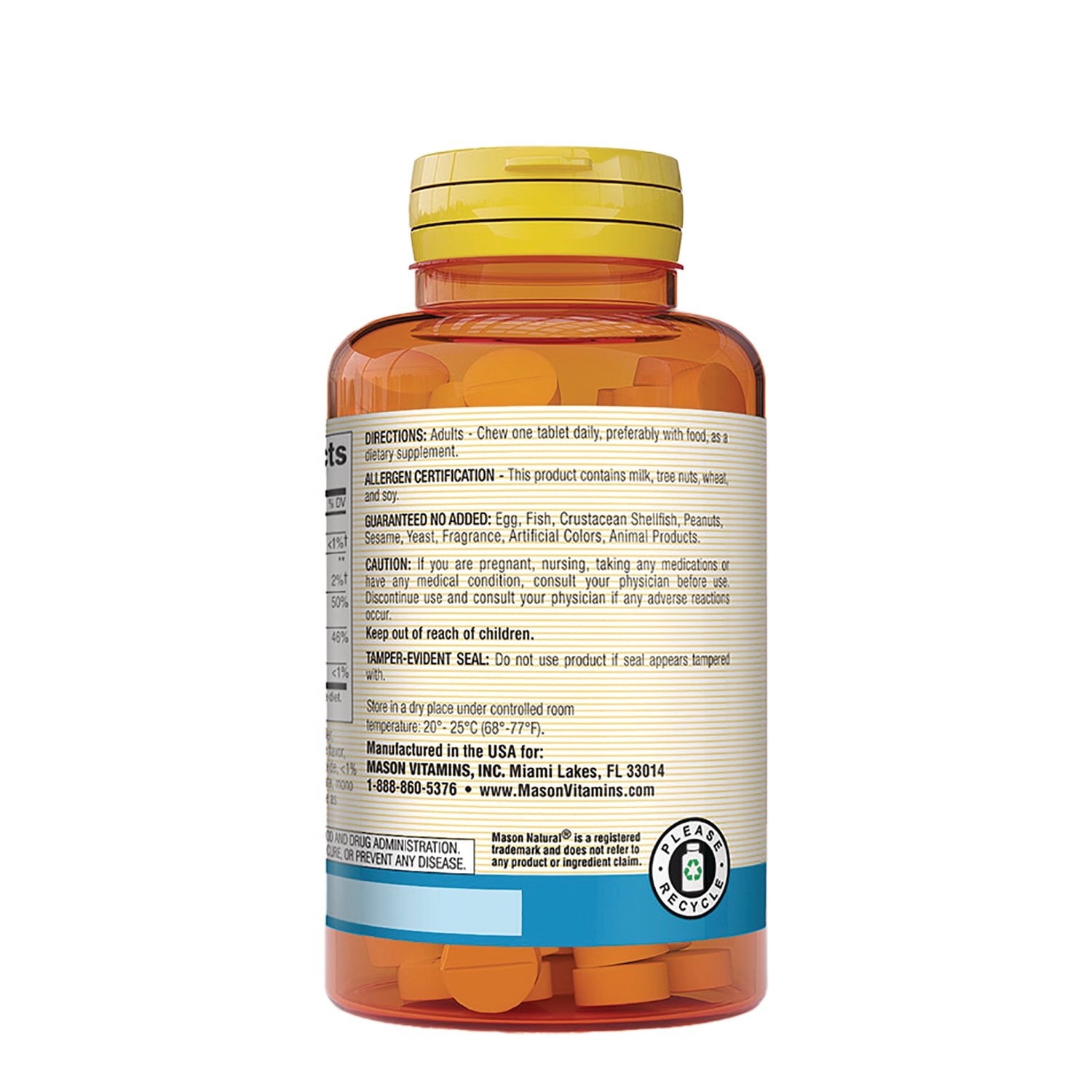 MSN008 | back label of orange supplement bottle showing directions, allergen information and manufacturer details