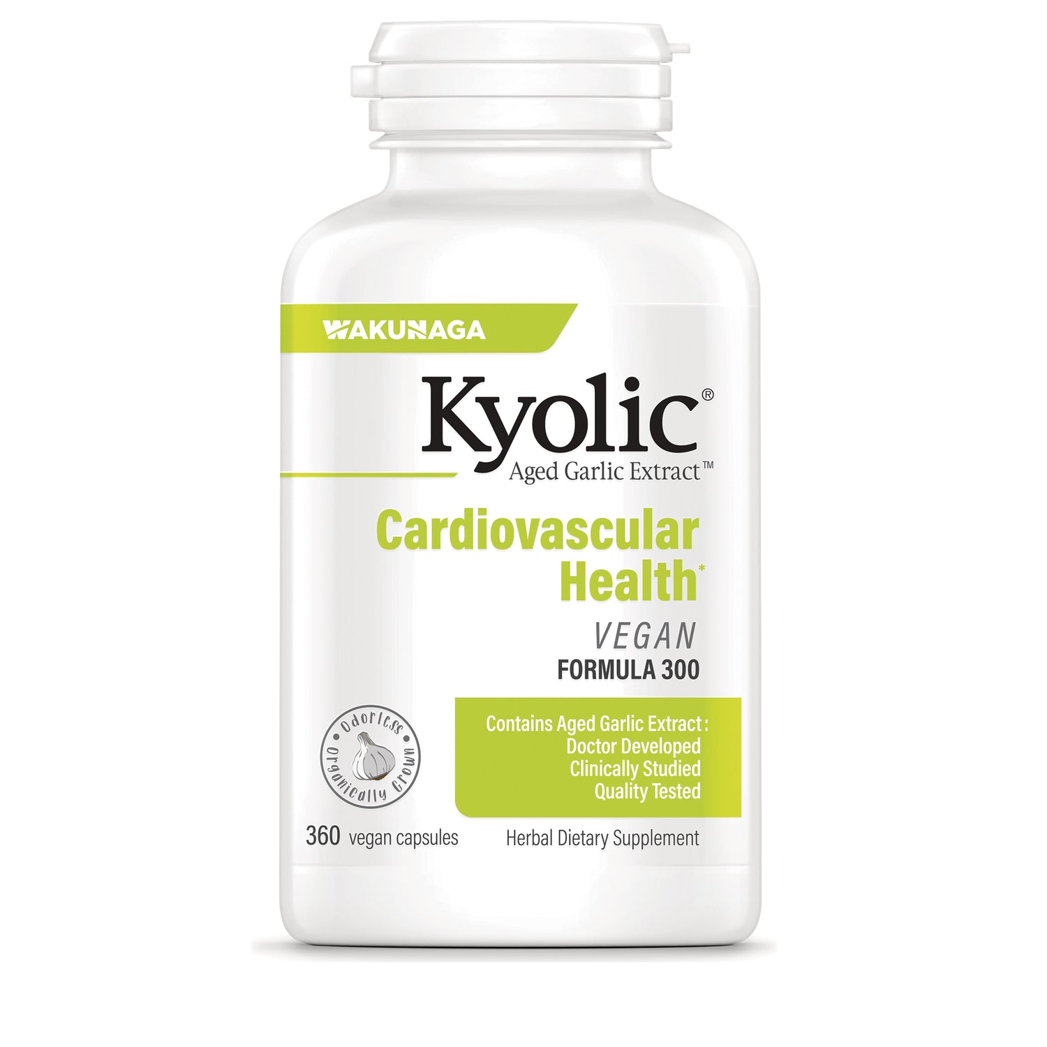 KY146 | Kyolic Cardiovascular Health vegan Formula 300 white supplement bottle labeled 360 vegan capsules