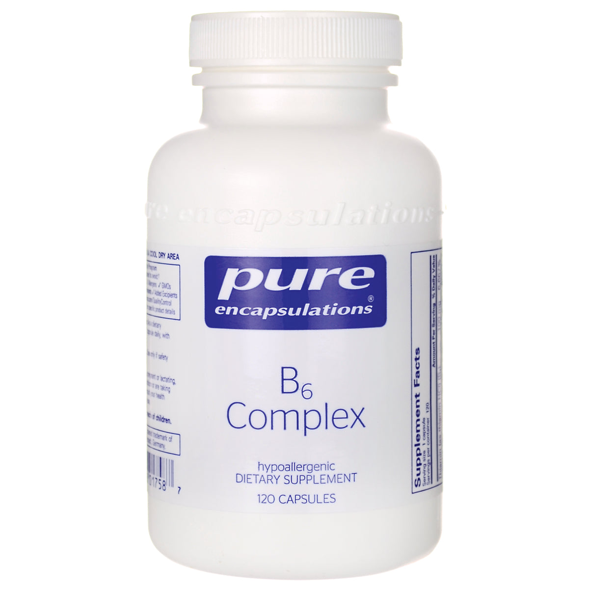 PRN182 | Pure Encapsulations B6 Complex white supplement bottle labeled 120 capsules