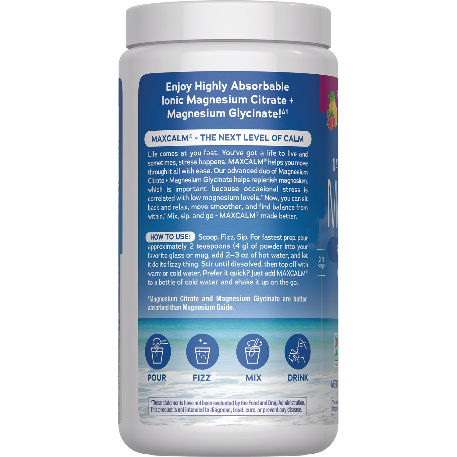 NVT002 | Back label of Natural Vitality Calm magnesium supplement bottle with Supplement Facts and ingredients