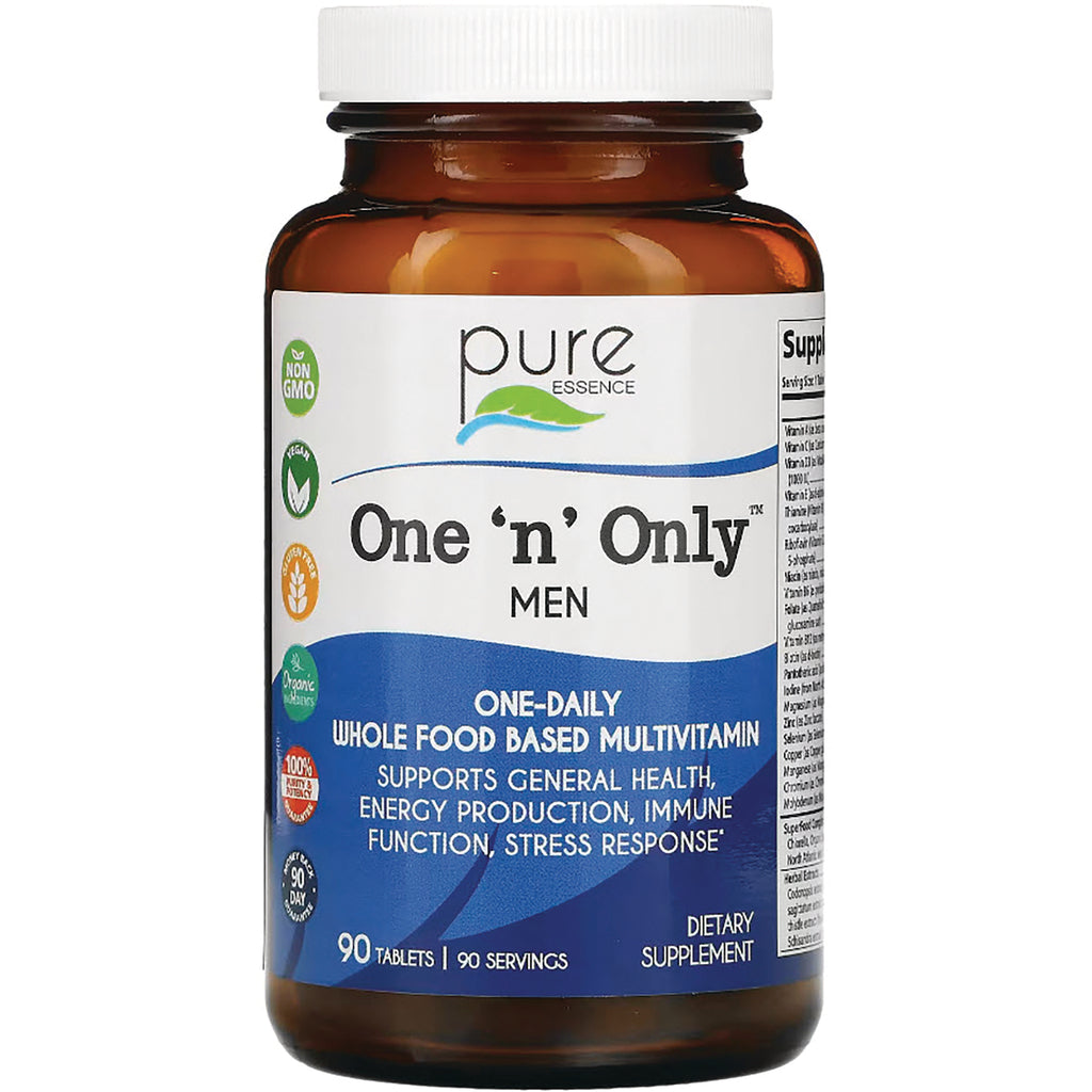 PEL033 | Pure Essence One 'n' Only Men one-daily whole food multivitamin bottle front label, 90 tablets - Thumbnail