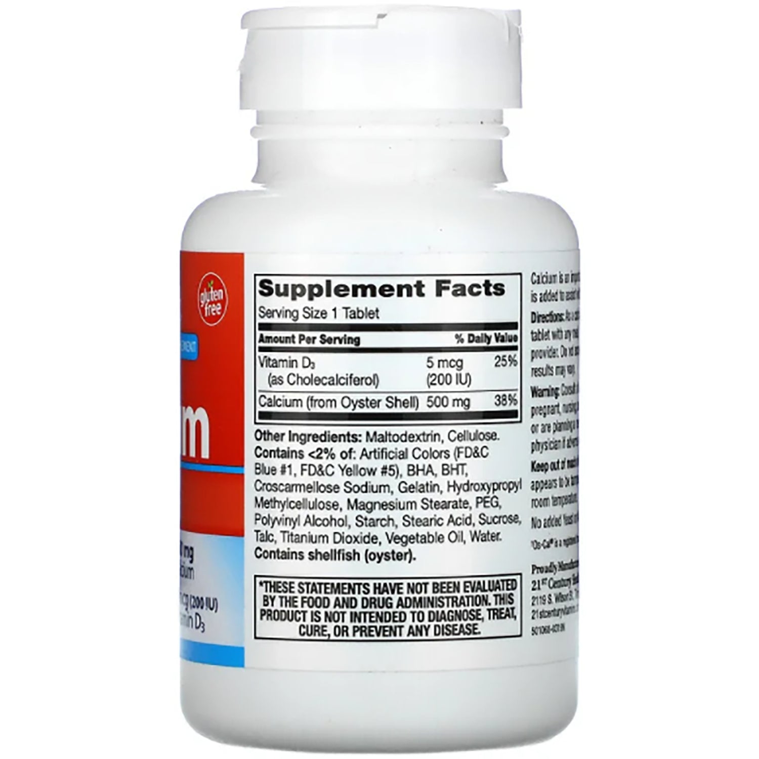 CNT258 | Back label with Supplement Facts showing Serving Size 1 Tablet, Vitamin D3 5 mcg, Calcium (from oyster shell) 500 mg, ingredients and contains shellfish (oyster)