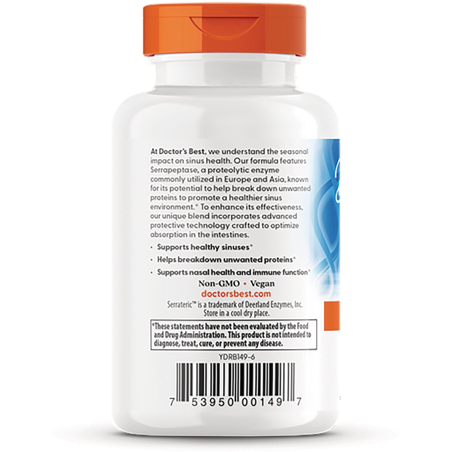 DB097 | Back of white supplement bottle with orange cap showing ingredient and benefit text, bullet points, and barcode