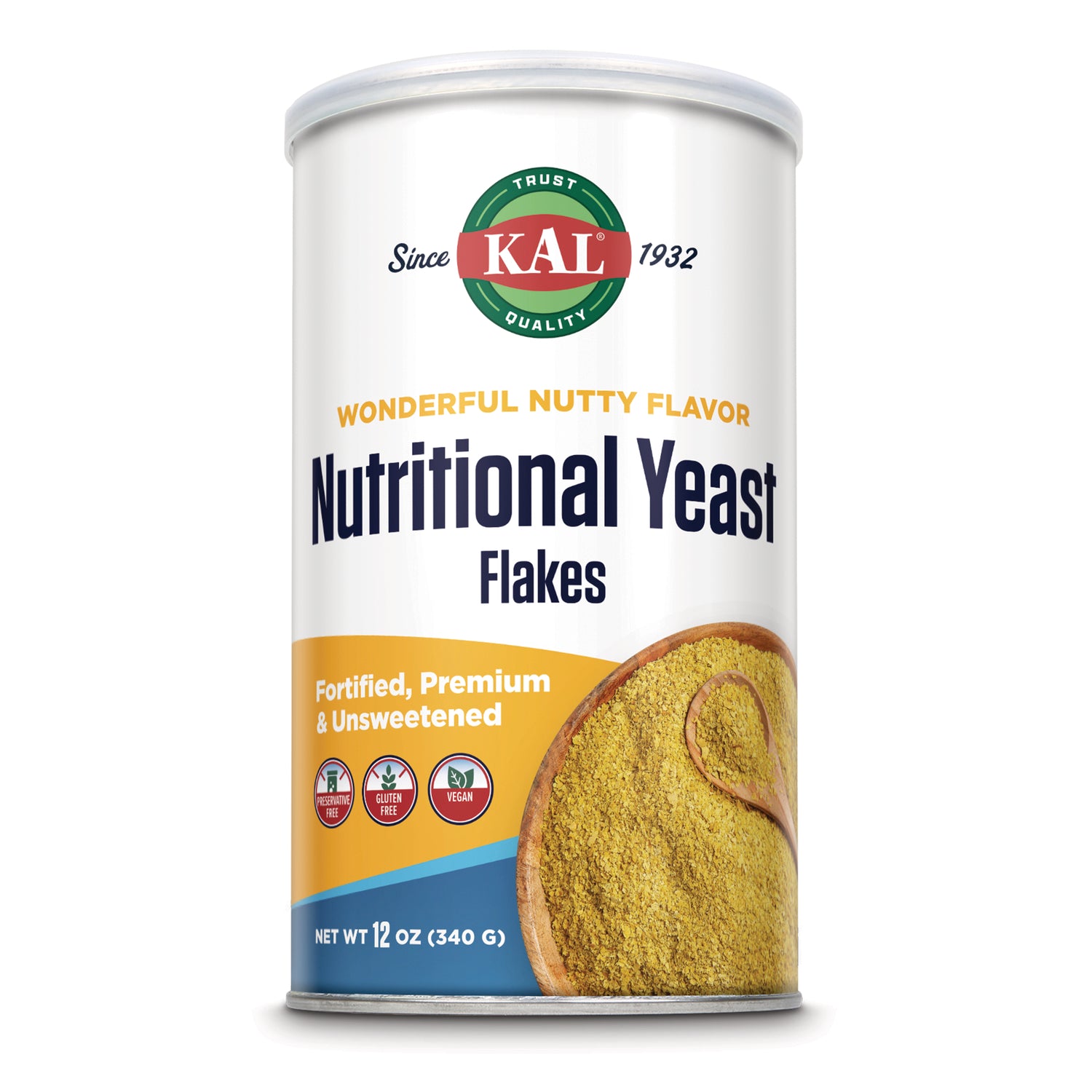 KL545 | KAL Nutritional Yeast Flakes 12 oz canister showing label and wooden spoon with yellow flakes