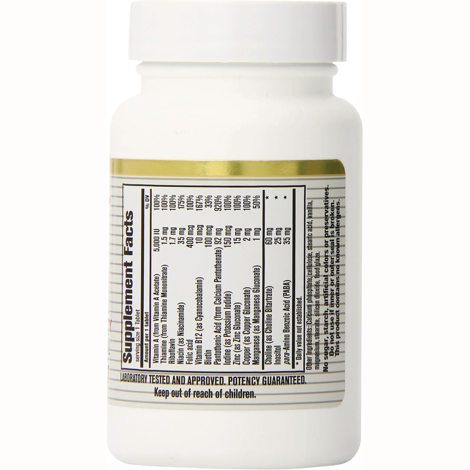 CNA006 | back of white supplement bottle showing Supplement Facts label and text Keep out of reach of children