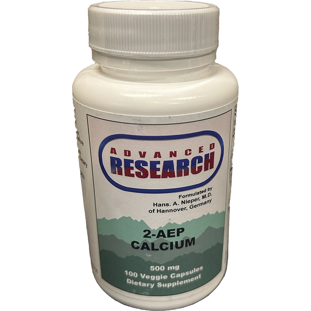 ADR011 | White supplement bottle labeled Advanced Research 2-AEP Calcium 500 mg, 100 Veggie Capsules dietary supplement - Thumbnail