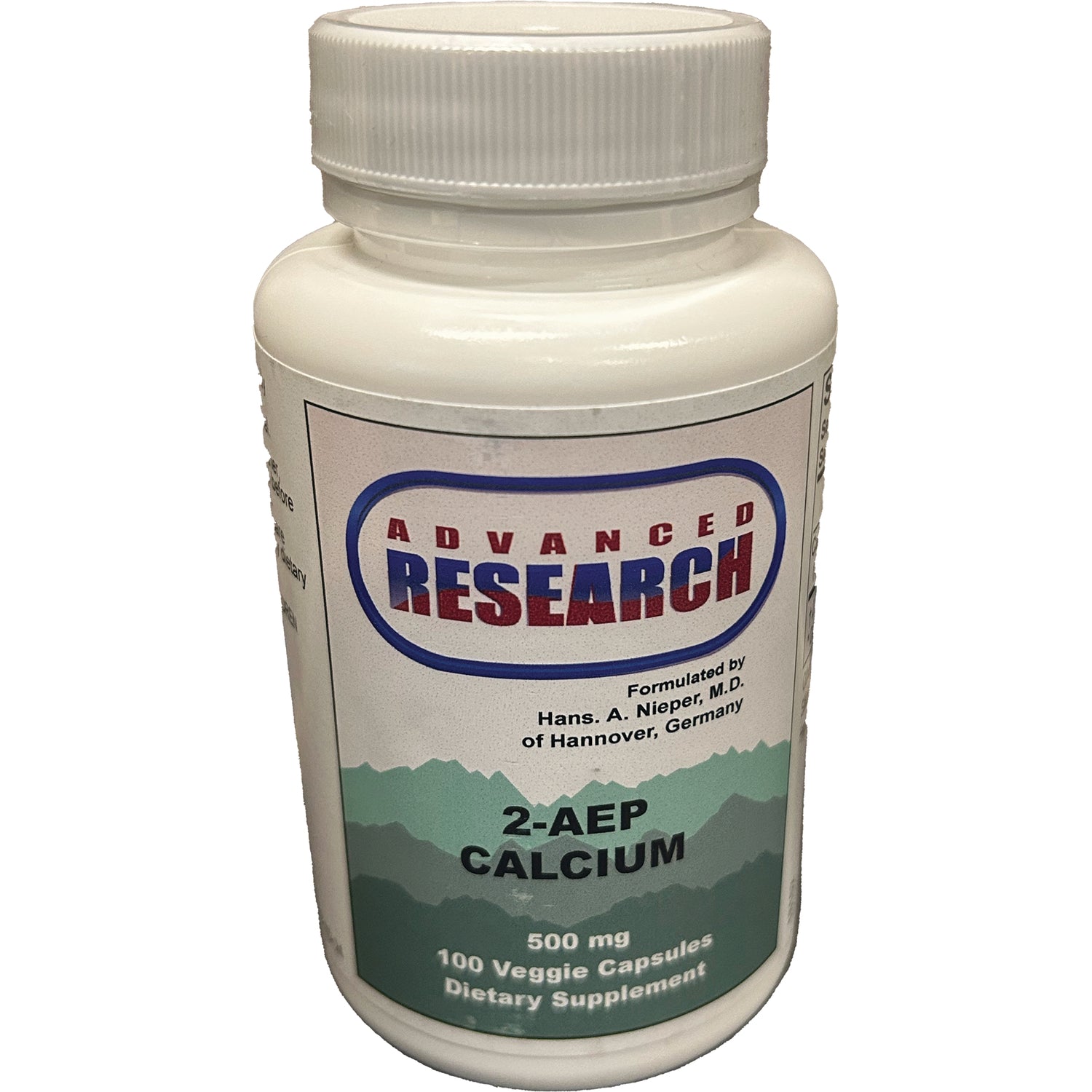 ADR011 | White supplement bottle labeled Advanced Research 2-AEP Calcium 500 mg, 100 Veggie Capsules dietary supplement