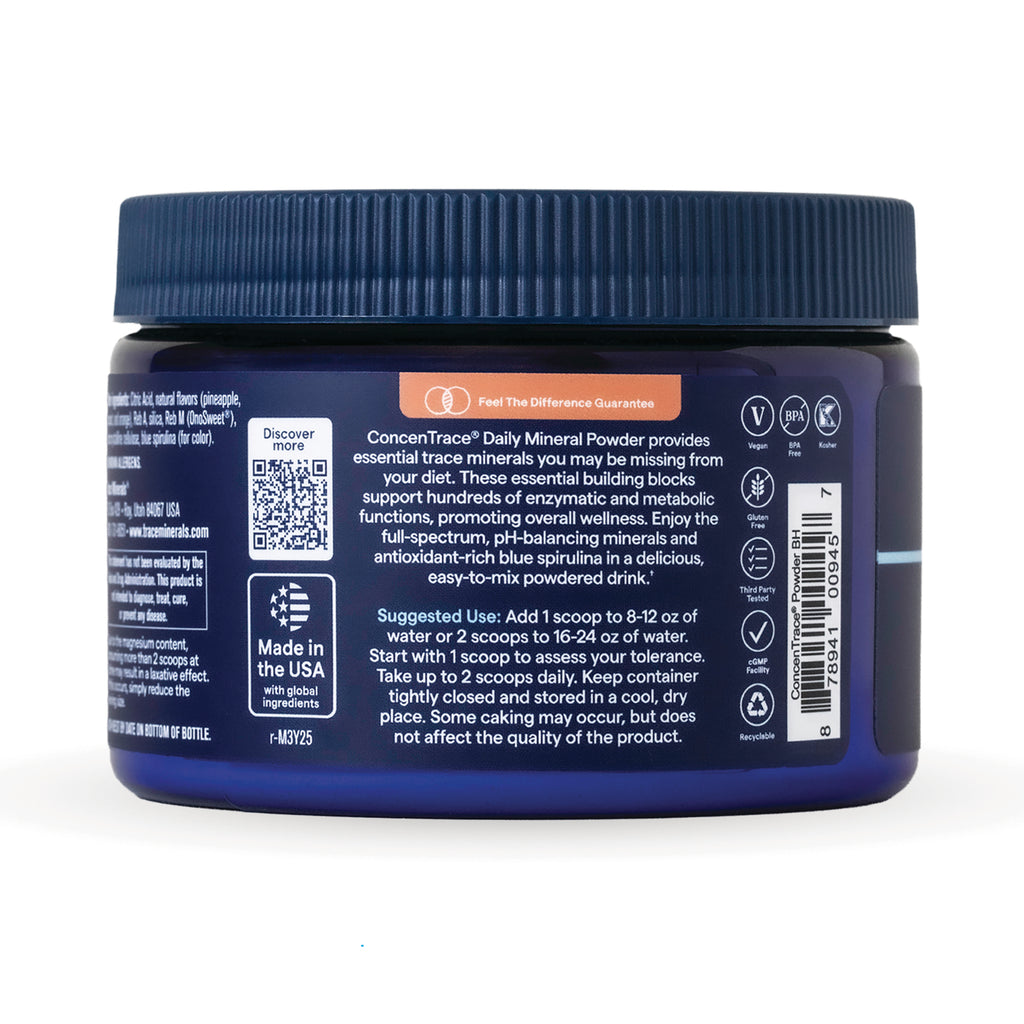 TM167 | Back label of ConcenTrace Daily Mineral Powder jar with suggested use, QR code, and Made in USA and certification icons - Thumbnail