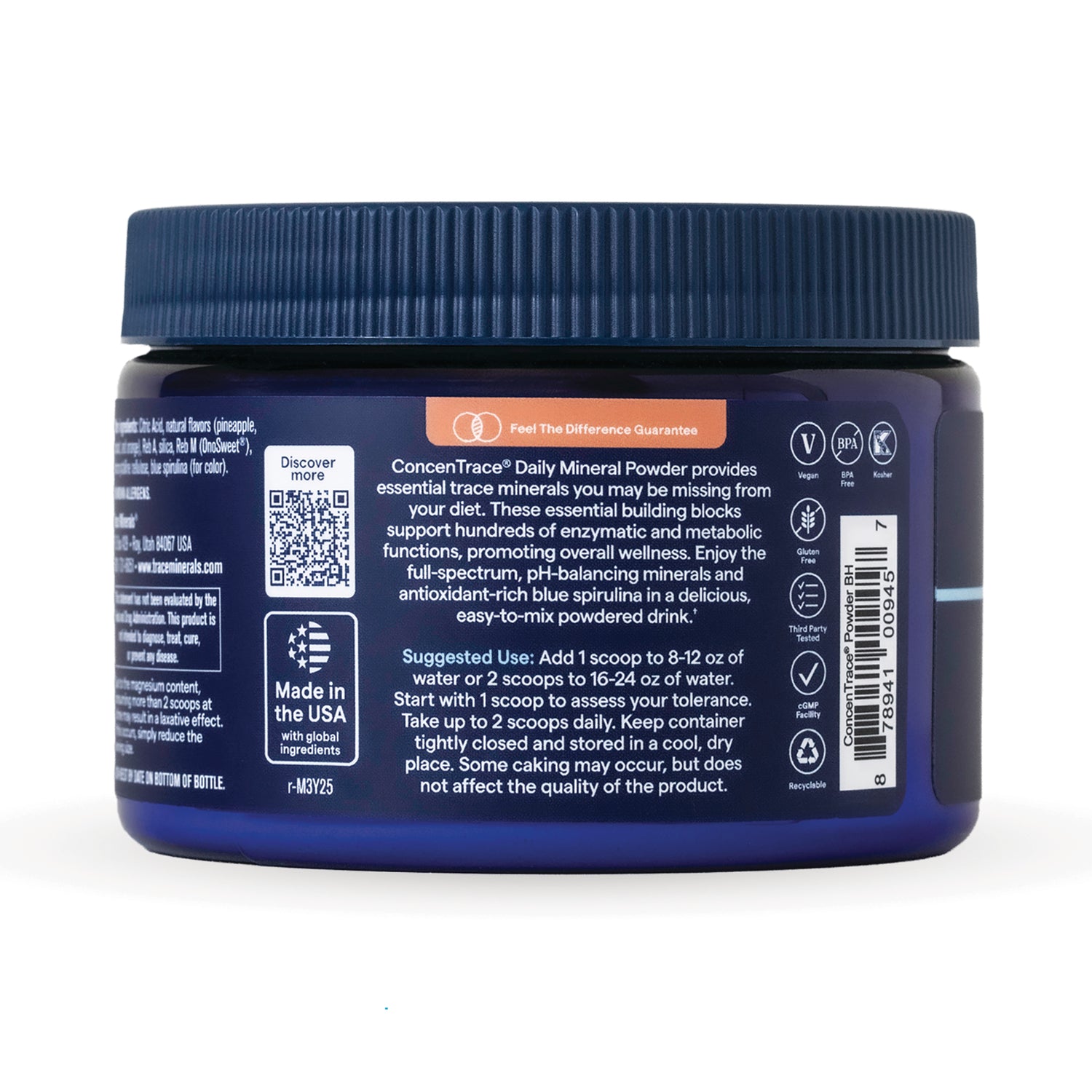 TM167 | Back label of ConcenTrace Daily Mineral Powder jar with suggested use, QR code, and Made in USA and certification icons