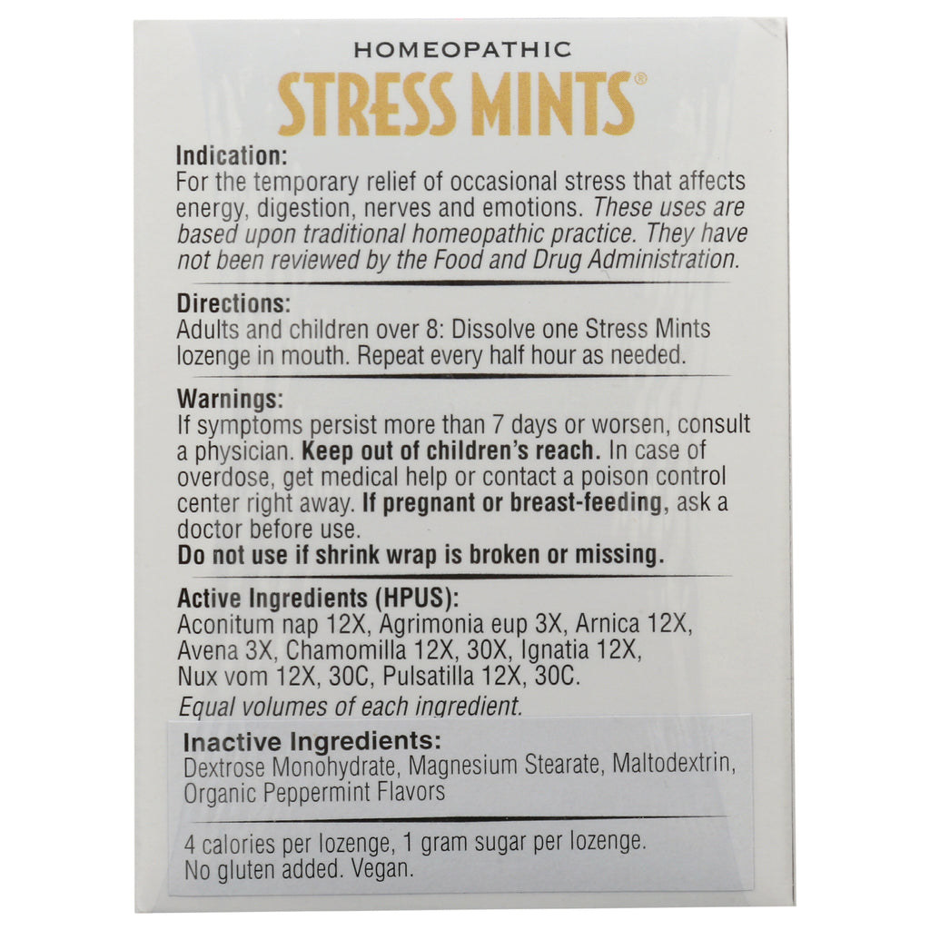 HLR006 | Back panel of Stress Mints box showing indications, directions, warnings, active and inactive ingredients - Thumbnail