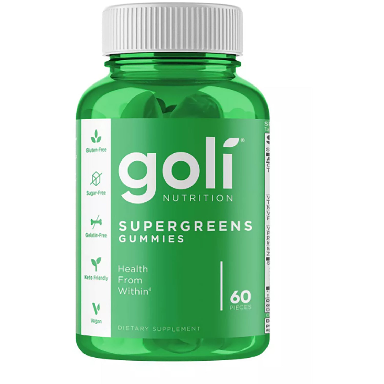 GOL009 | green bottle of Goli Supergreens Gummies dietary supplement showing front label and 60 pieces