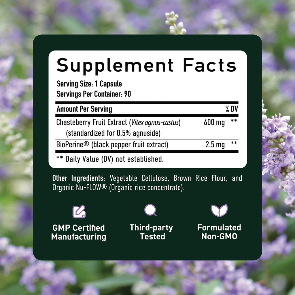 SMT011 | Supplement Facts back label: serving size 1 capsule, 90 servings; Chasteberry 600 mg; BioPerine 2.5 mg - Thumbnail