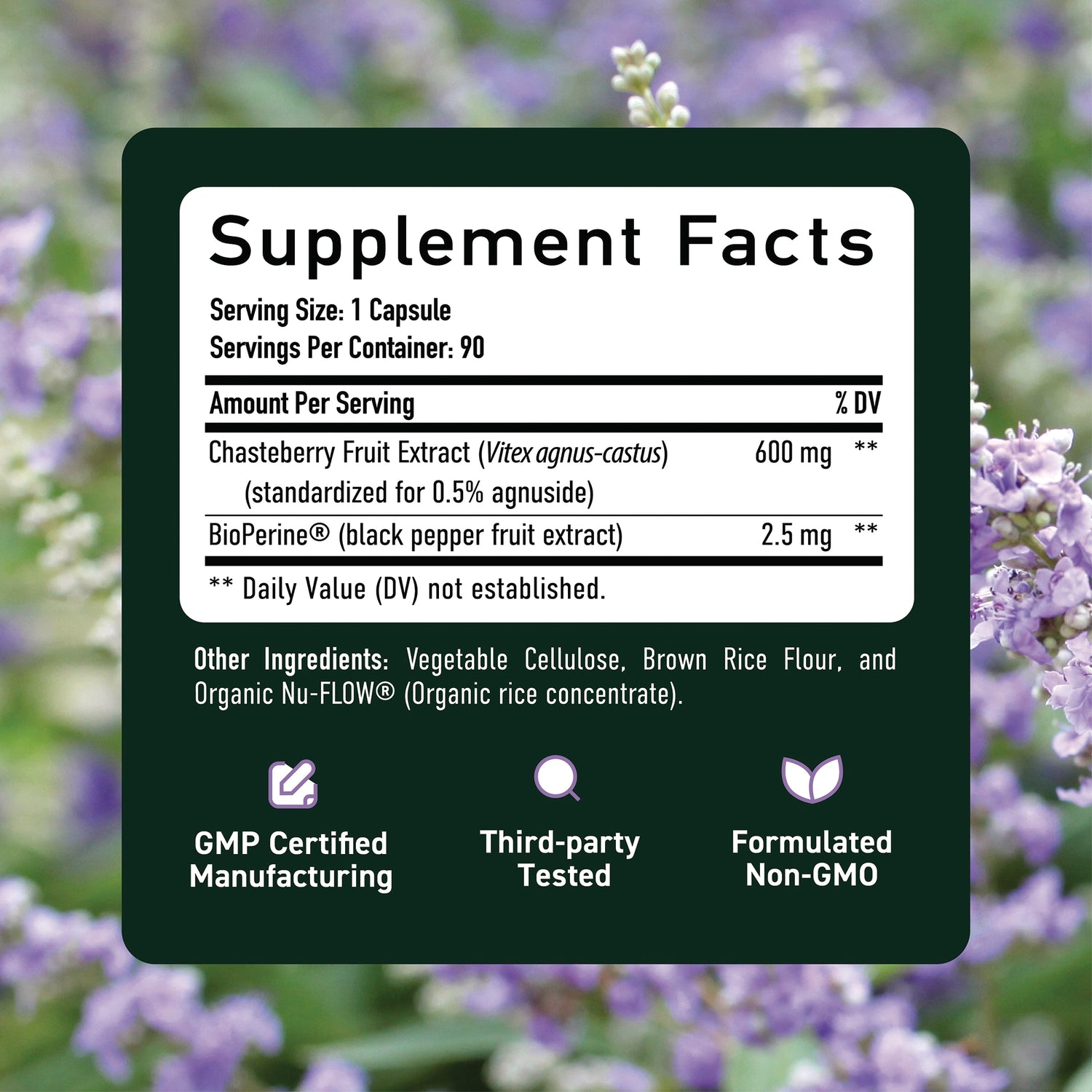 SMT011 | Supplement Facts back label: serving size 1 capsule, 90 servings; Chasteberry 600 mg; BioPerine 2.5 mg