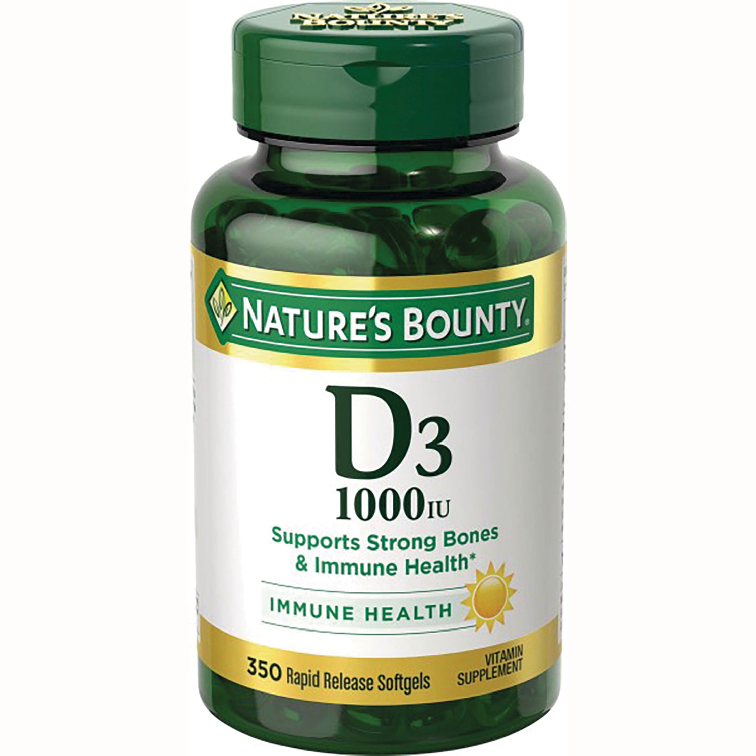 NBY079 | Nature's Bounty D3 1000 IU vitamin supplement bottle, 350 rapid release softgels
