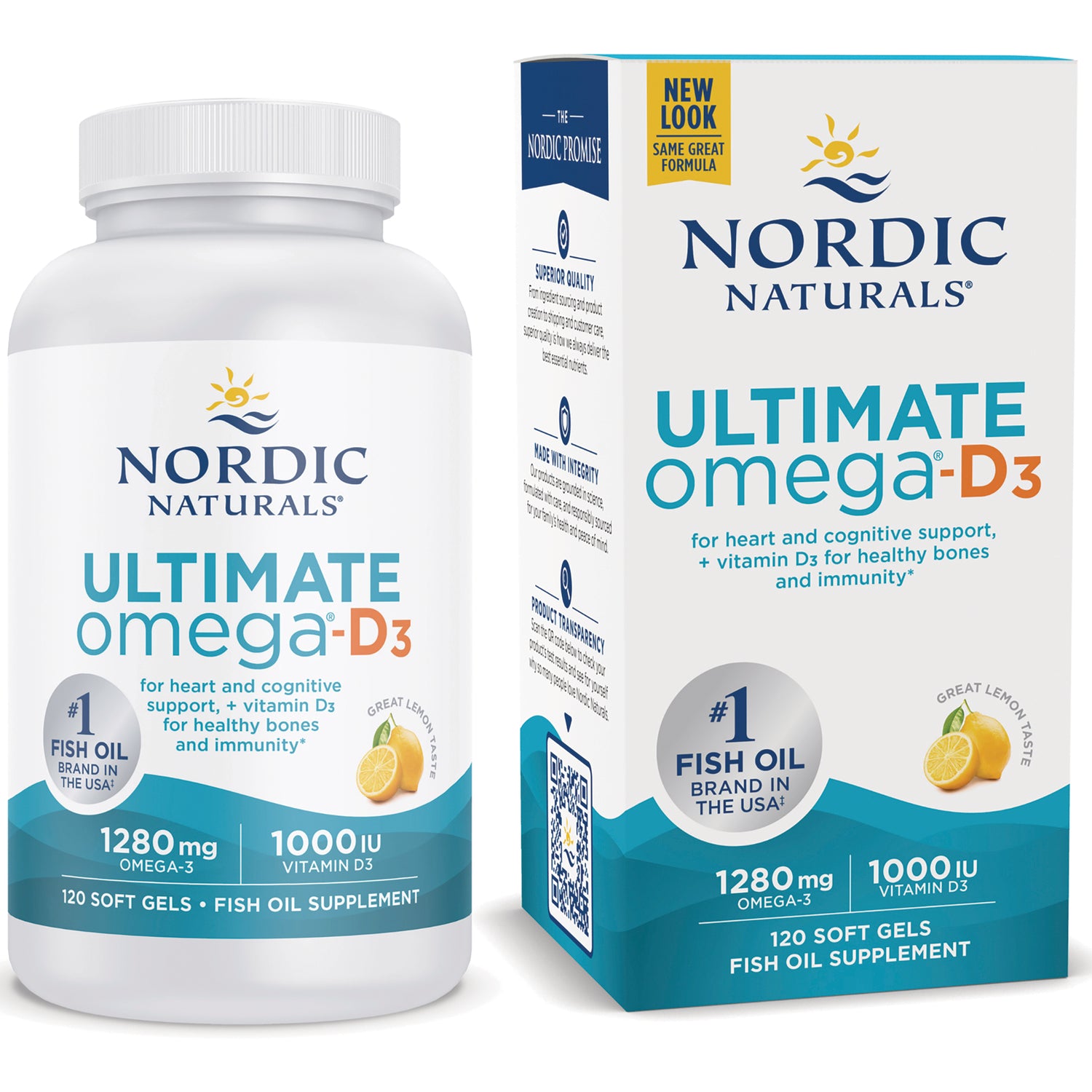 Nordic Naturals Ultimate omega-D3 1280 mg and 1000 IU soft gels bottle with matching outer box, lemon flavor