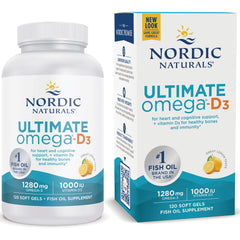 Nordic Naturals Ultimate omega-D3 1280 mg and 1000 IU soft gels bottle with matching outer box, lemon flavor