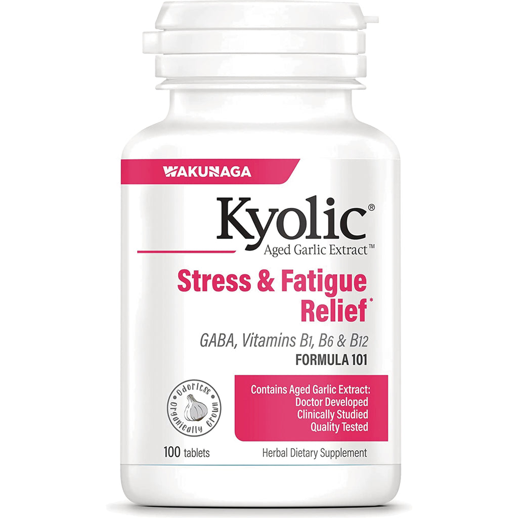 KY098 | Kyolic Stress & Fatigue Relief aged garlic extract supplement bottle front label, 100 tablets - Thumbnail