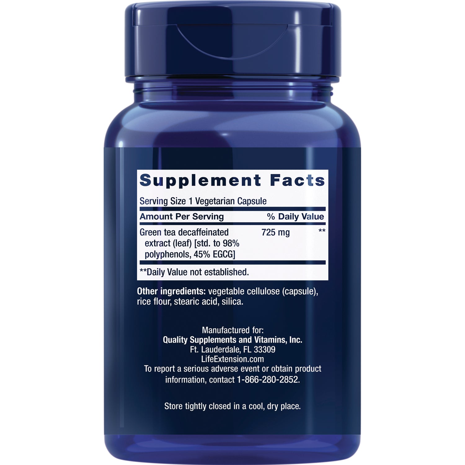 LE010 | Back of blue supplement bottle showing Supplement Facts panel and ingredients list including 725 mg green tea extract