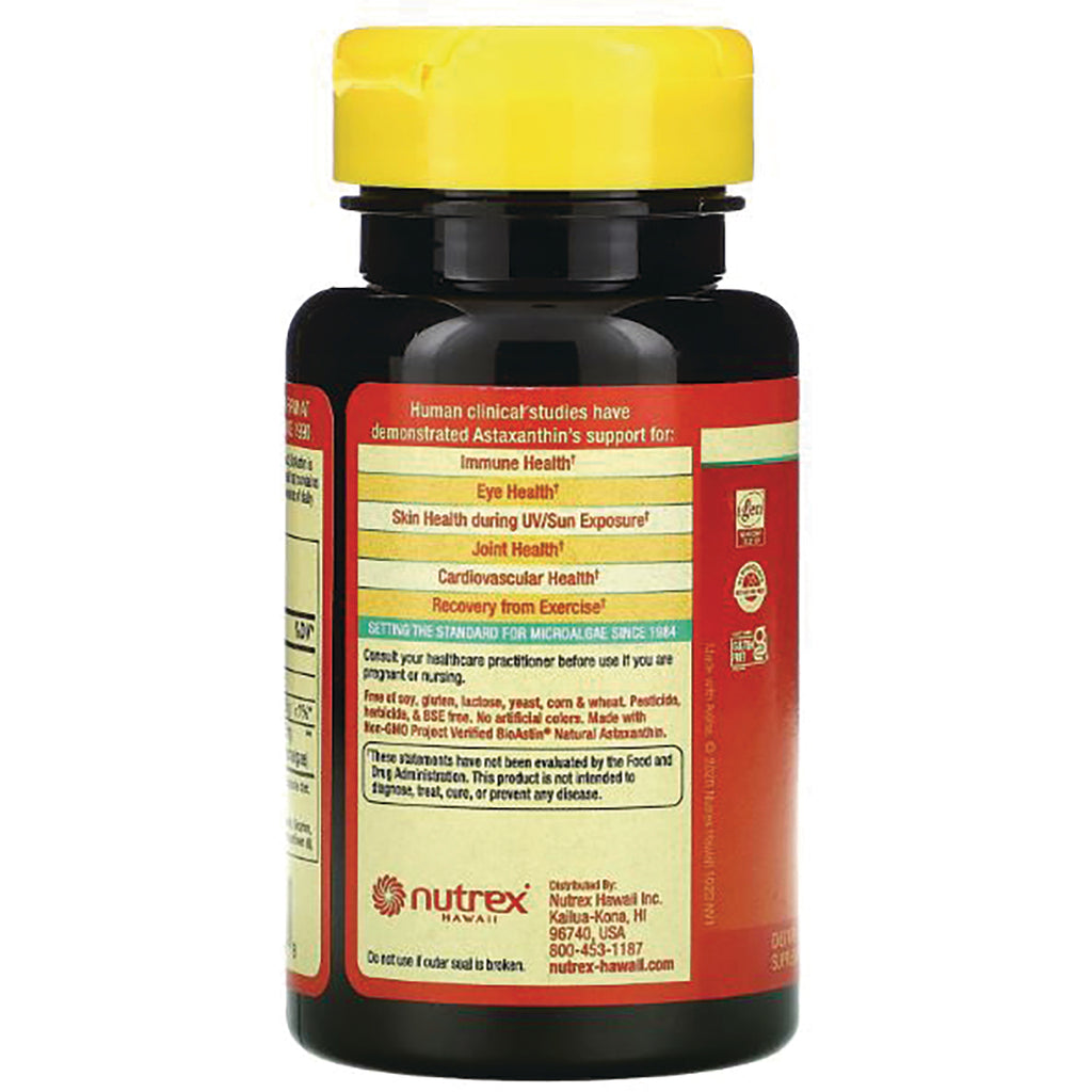 NUT022 | Back of dark supplement bottle with yellow cap showing label text of benefits, warnings, and Nutrex Hawaii logo - Thumbnail