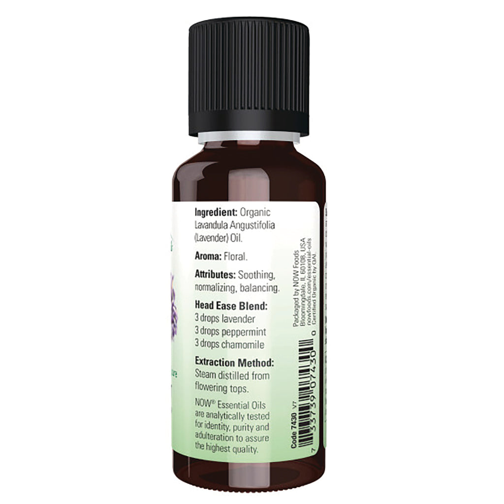 NWF616 | Back of amber essential oil bottle showing ingredients, Head Ease Blend directions, extraction method and barcode - Thumbnail