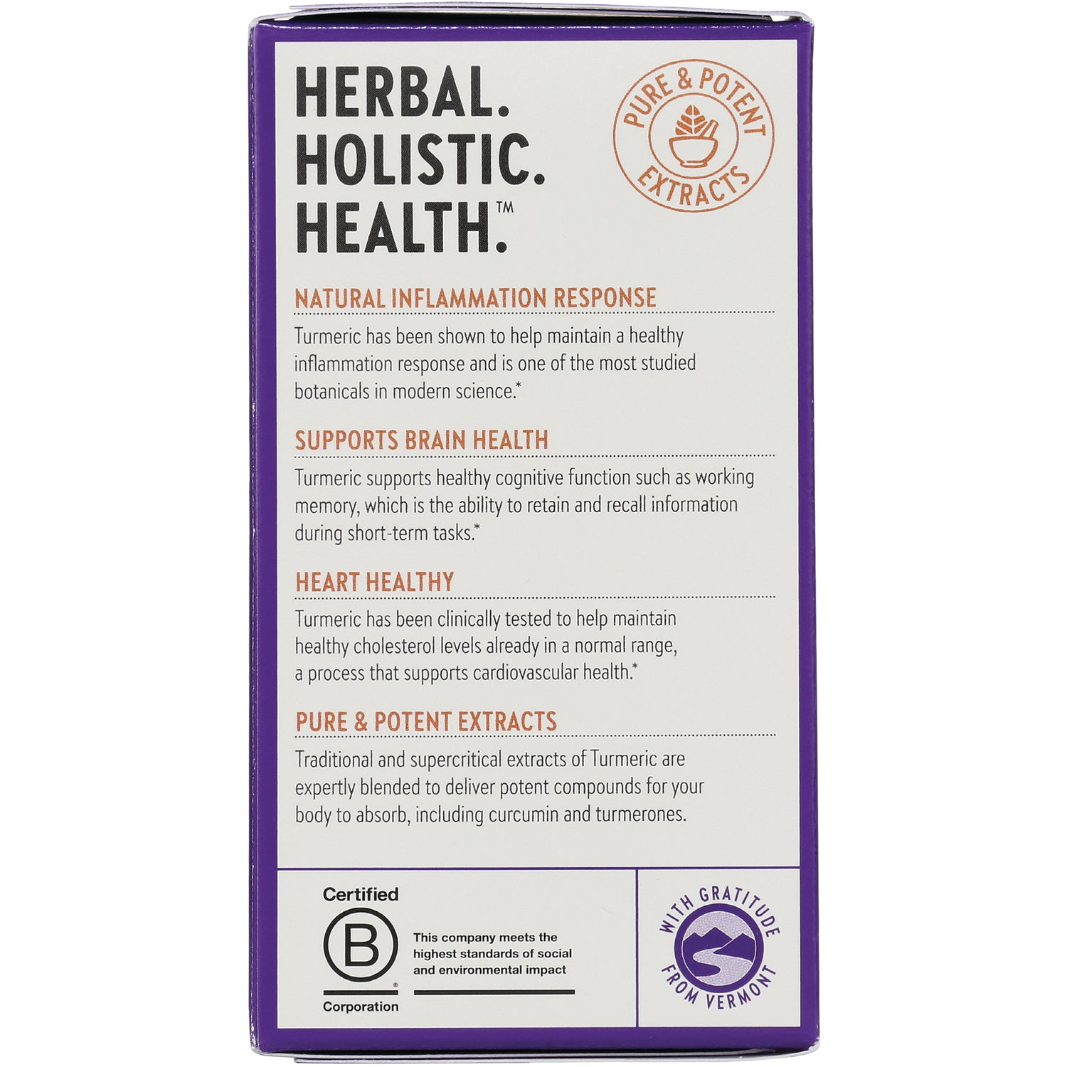 NWC260 | product panel listing natural inflammation response, supports brain and heart health, and pure & potent extracts