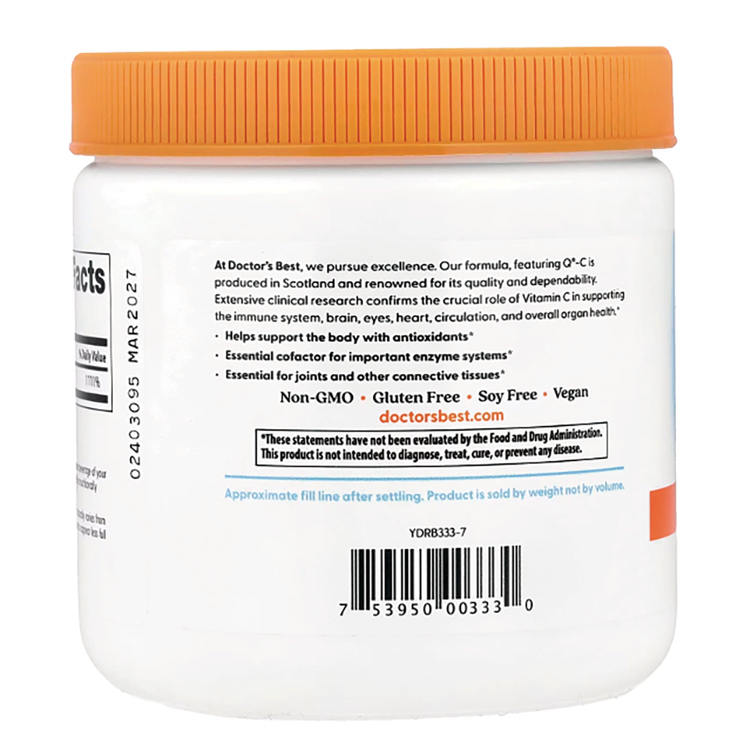 DB222 | Back of white supplement jar with orange lid showing product text, Non-GMO Gluten Free Soy Free Vegan and barcode
