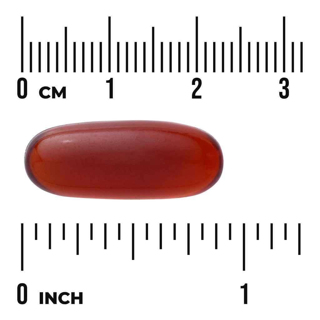 SWU156 | Red softgel capsule with size reference, rulers labeled cm and inch - Thumbnail