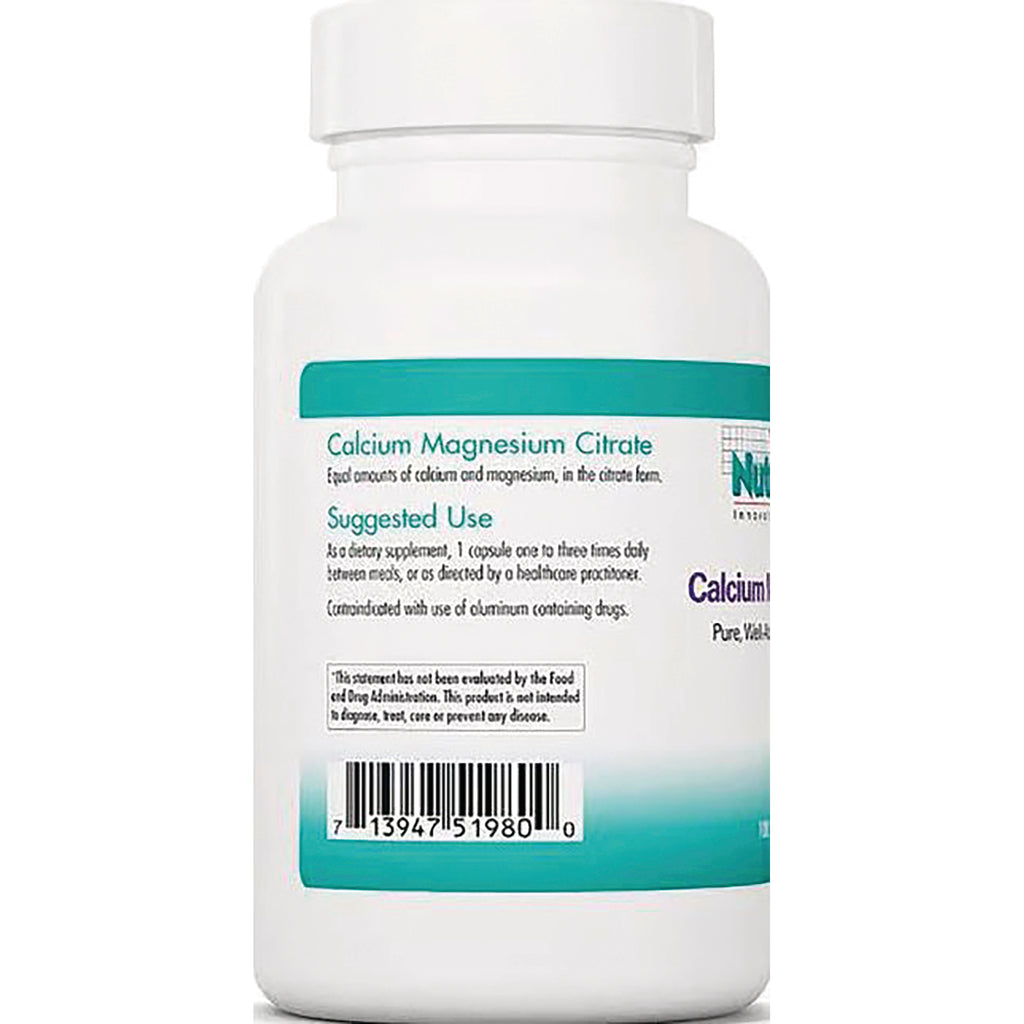 NCL114 | Back of white supplement bottle showing Calcium Magnesium Citrate label, suggested use text and barcode - Thumbnail