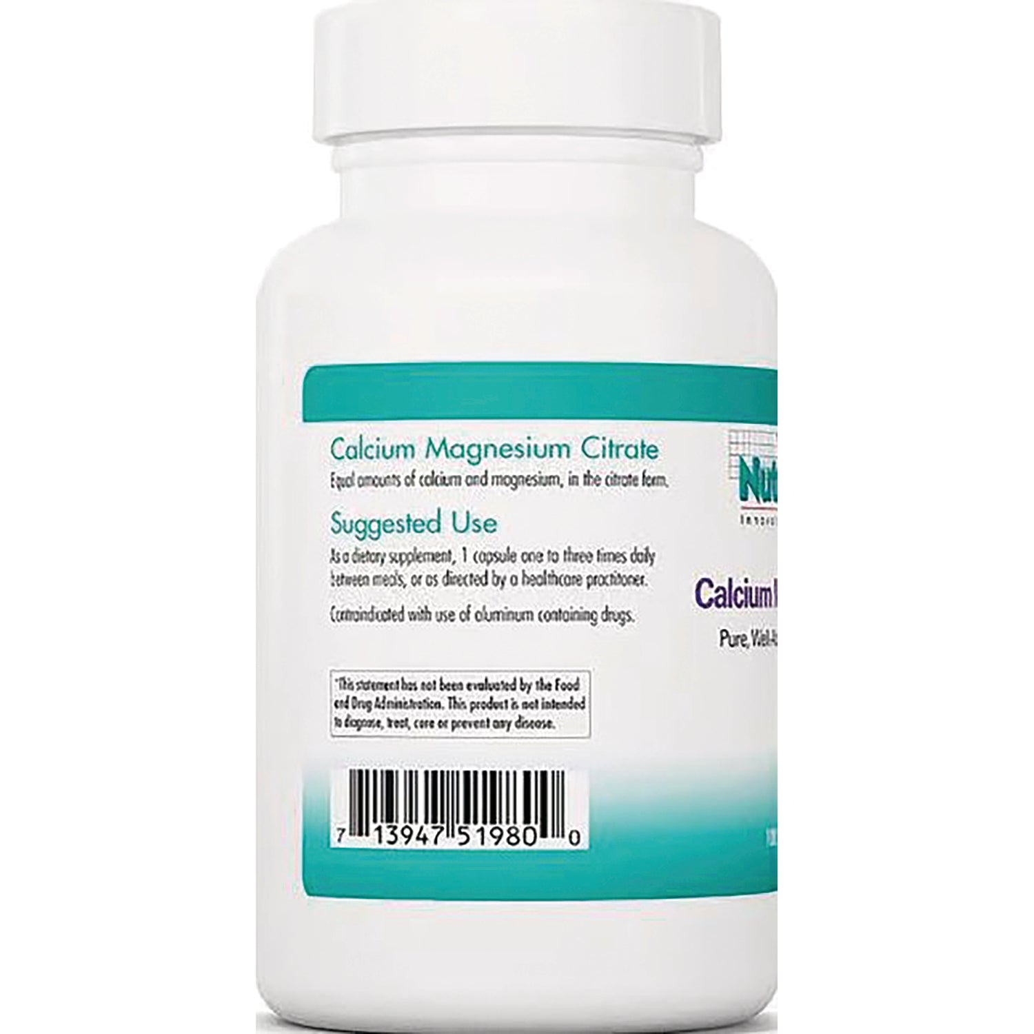 NCL114 | Back of white supplement bottle showing Calcium Magnesium Citrate label, suggested use text and barcode