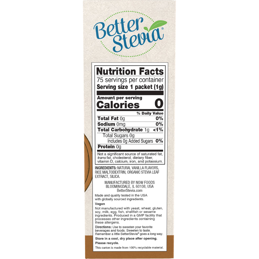 NWF1185 | Back panel showing Nutrition Facts, ingredients, vegan statement and directions for Better Stevia packet box - Thumbnail