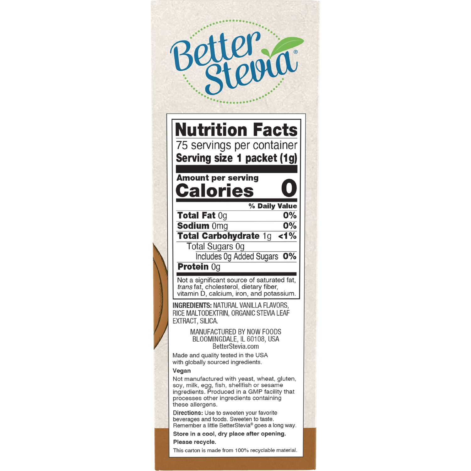 NWF1185 | Back panel showing Nutrition Facts, ingredients, vegan statement and directions for Better Stevia packet box