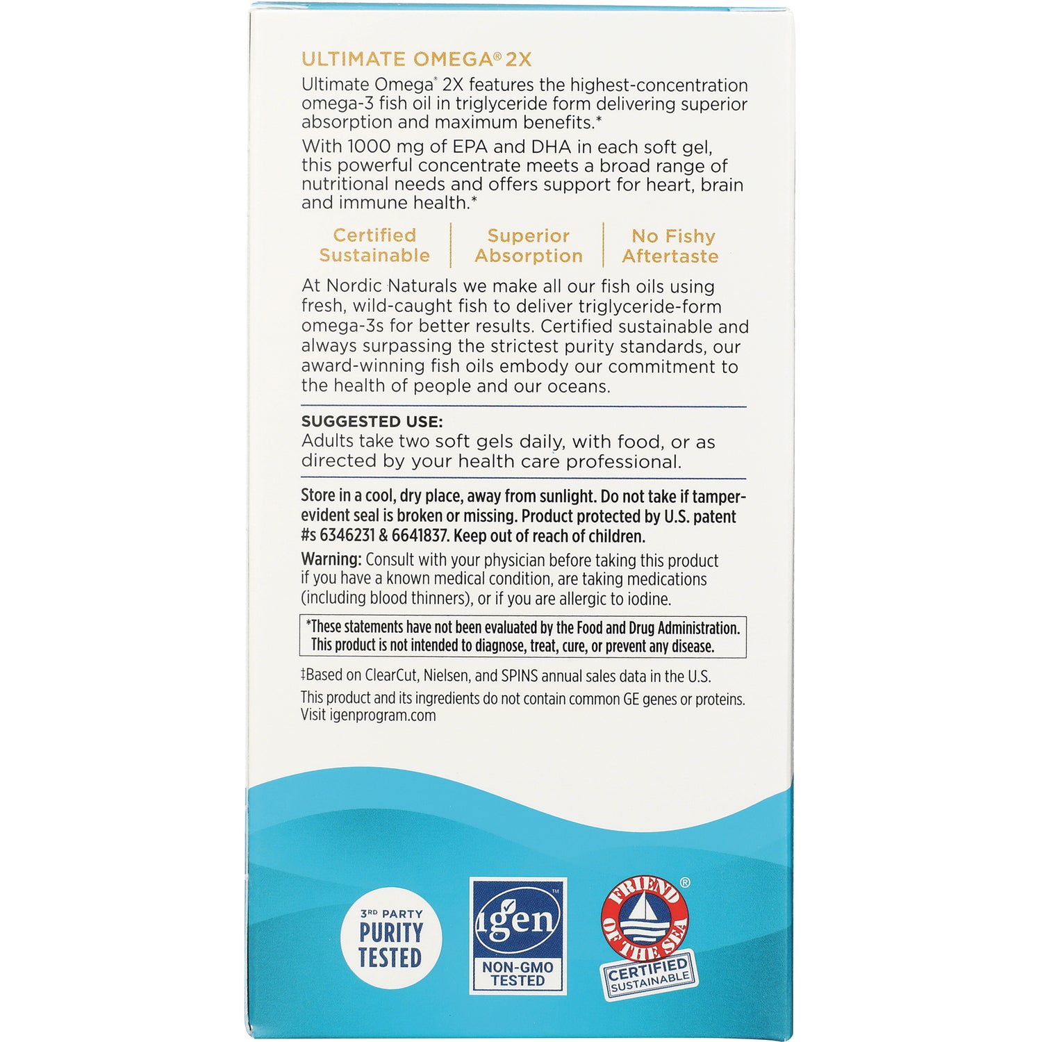 NRN084 | back label of Nordic Naturals Ultimate Omega 2X showing suggested use, warnings, and certification icons