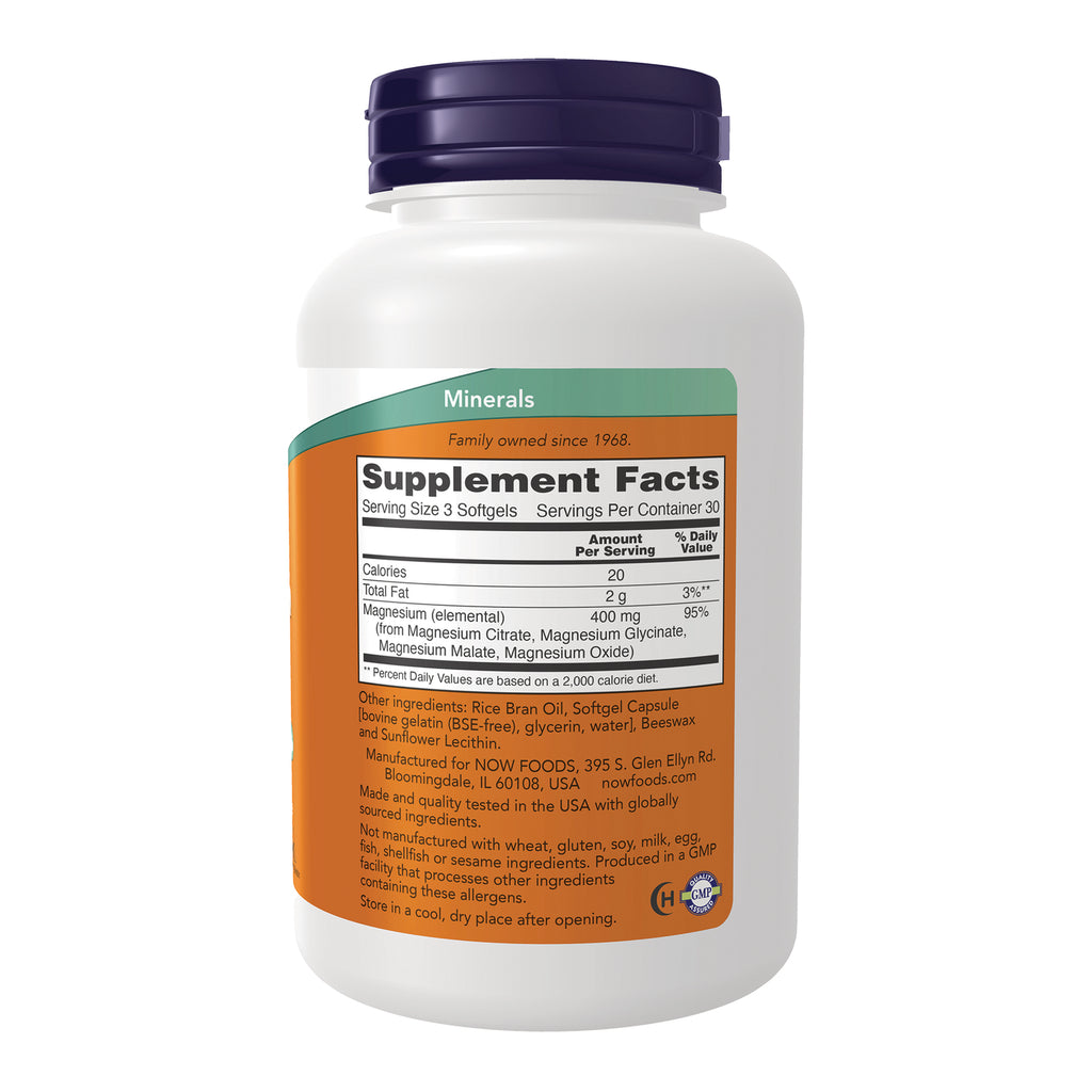 NWF835 | Back of white supplement bottle showing Supplement Facts label for minerals, magnesium 400 mg, serving size 3 softgels - Thumbnail