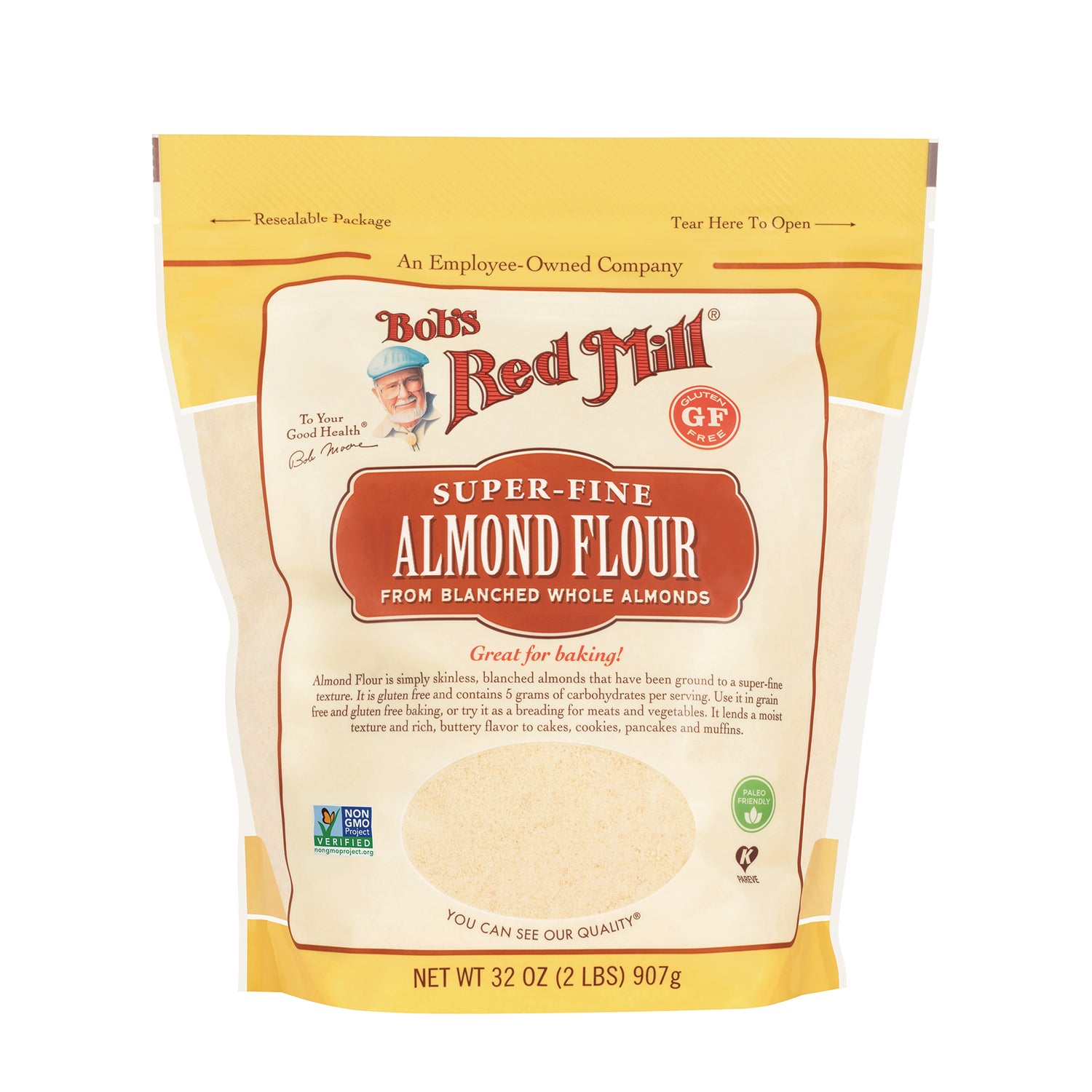 BOB474 | Bob's Red Mill super-fine almond flour 32 oz front pouch with clear window and branding