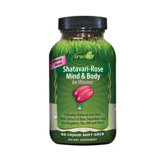 IR299 | Irwin Naturals Shatavari-Rose Mind & Body for Women supplement bottle with green label and 60 liquid soft-gels