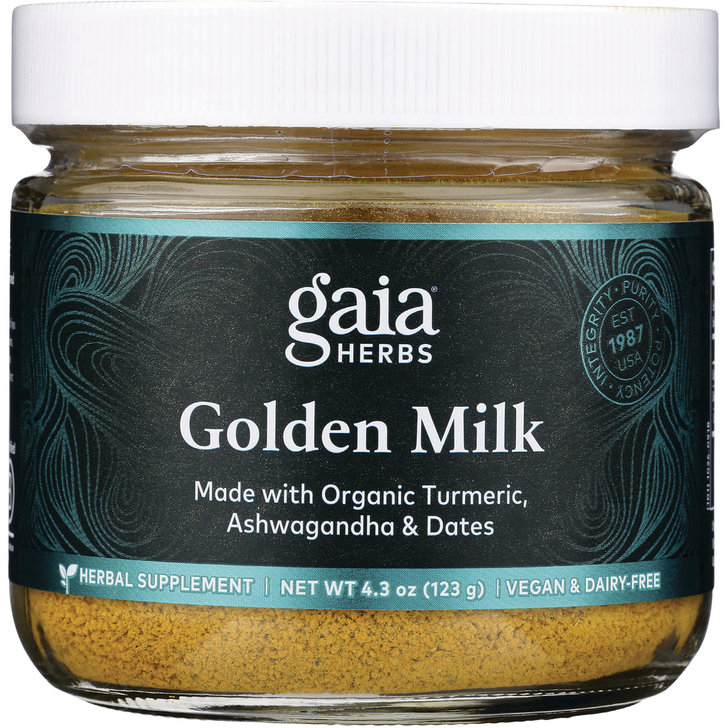 GH117 | Gaia Herbs Golden Milk jar front label made with organic turmeric, Ashwagandha & Dates - Thumbnail