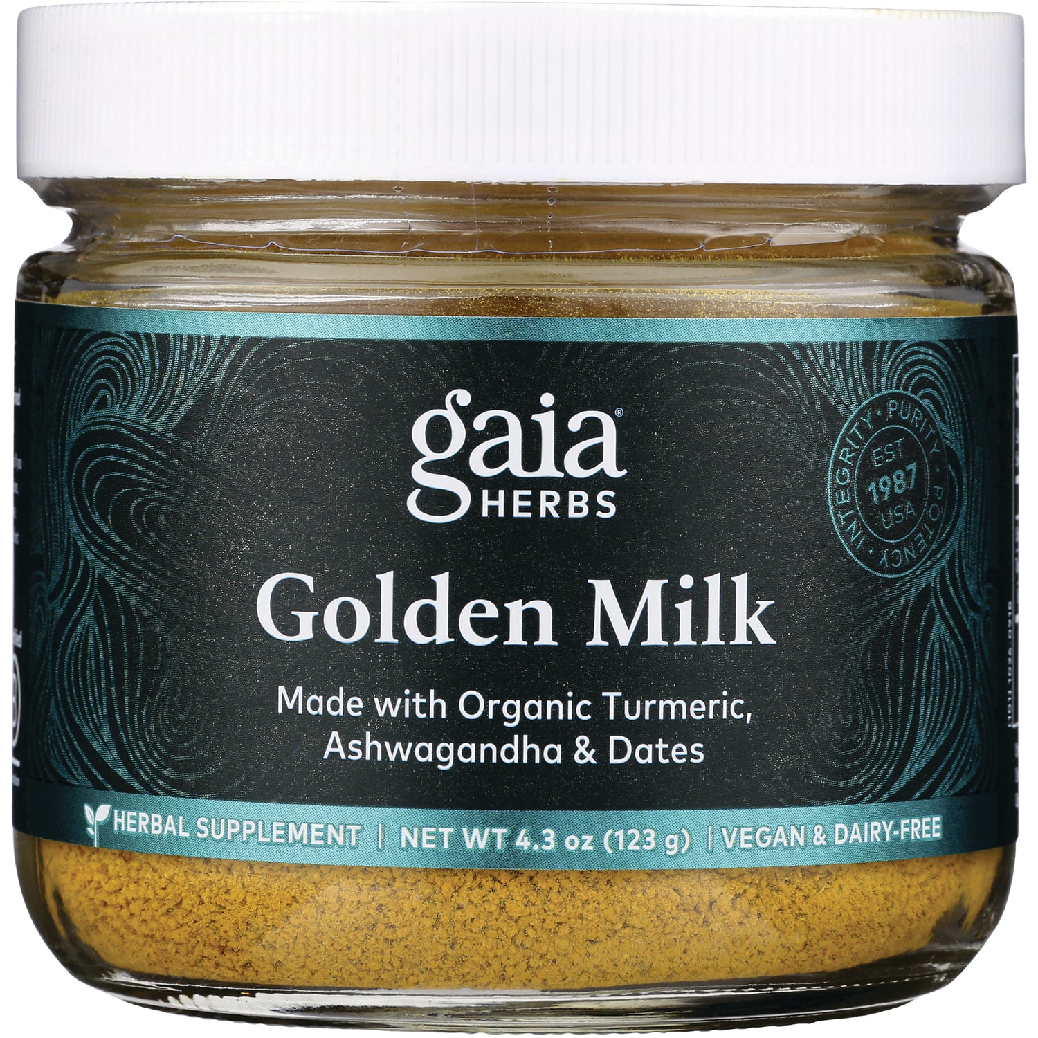 GH117 | Gaia Herbs Golden Milk jar front label made with organic turmeric, Ashwagandha & Dates