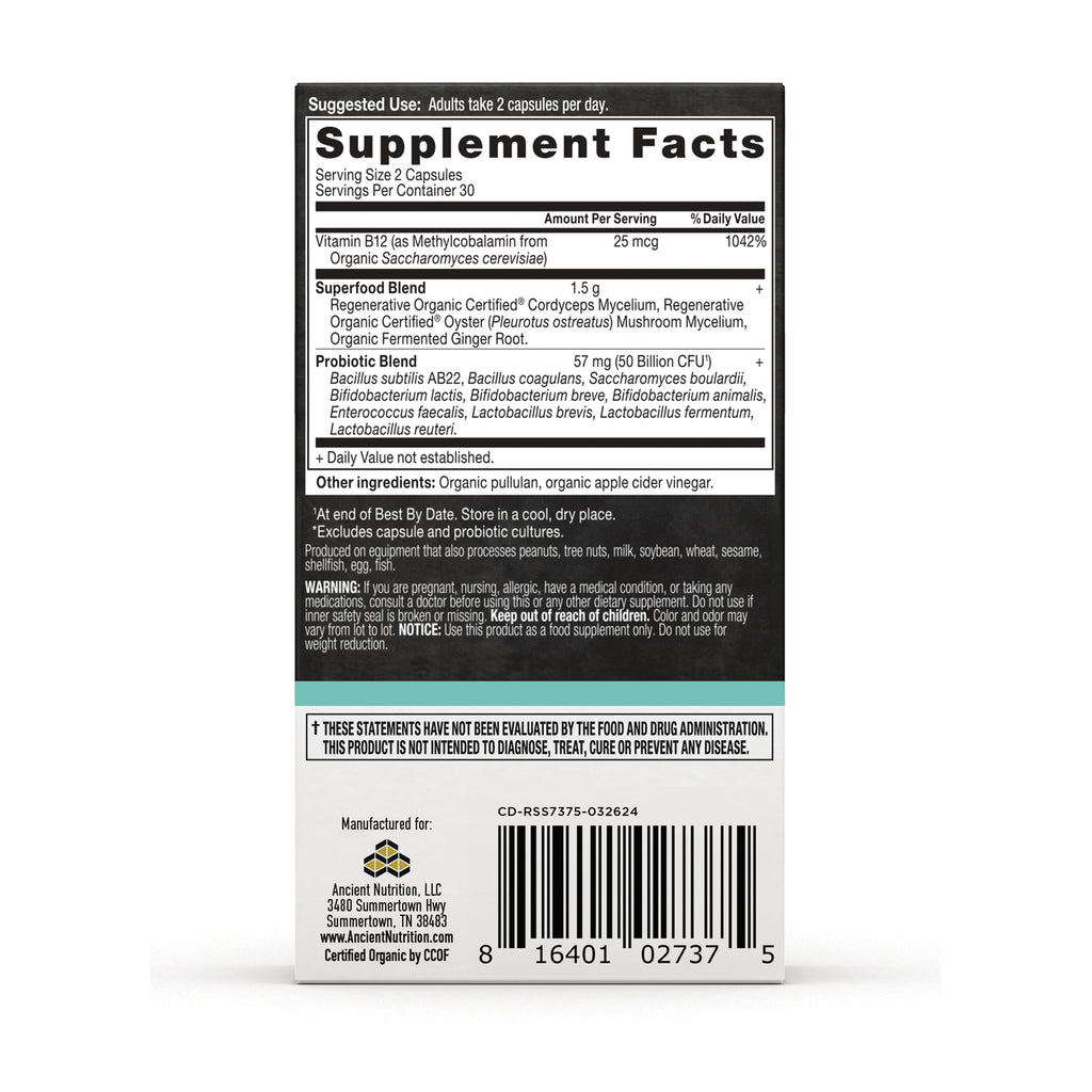 ATN137 | Supplement Facts panel with ingredient and probiotic blends, warning text and barcode on back label - Thumbnail