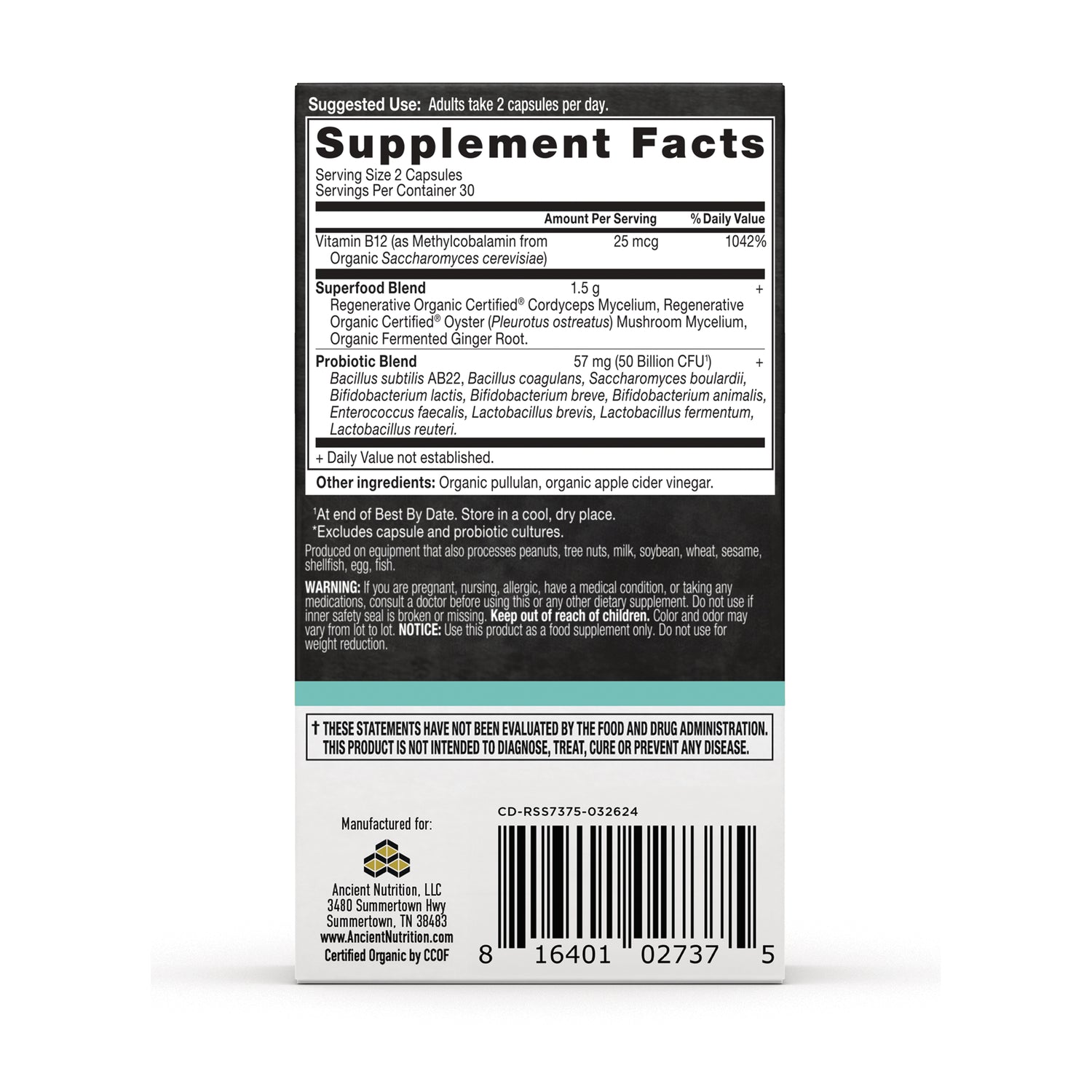 ATN137 | Supplement Facts panel with ingredient and probiotic blends, warning text and barcode on back label
